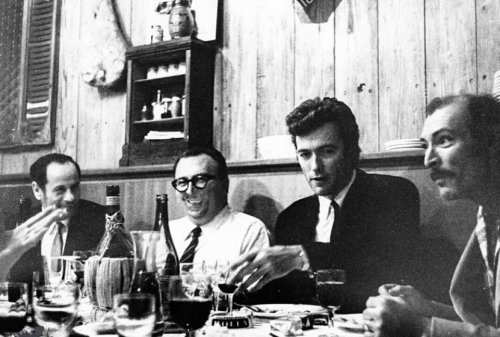 Eli Wallach Sergio Leone Clint Eastwood and Lee Van Cleef in a restaurant  The Good the Bad an...jpg