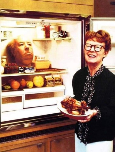 Wax head of Alfred Hitchcock in the fridge with his wife Alma 1974.jpg