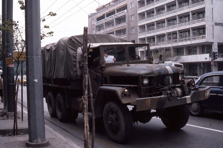 Athens April 1983 Army Truck at Bus Strike.jpg