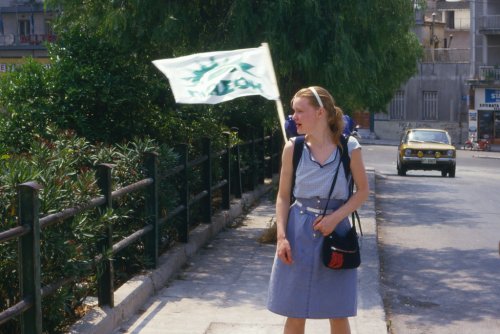 Athens 1985 Tourist with PASOK Flag.jpg